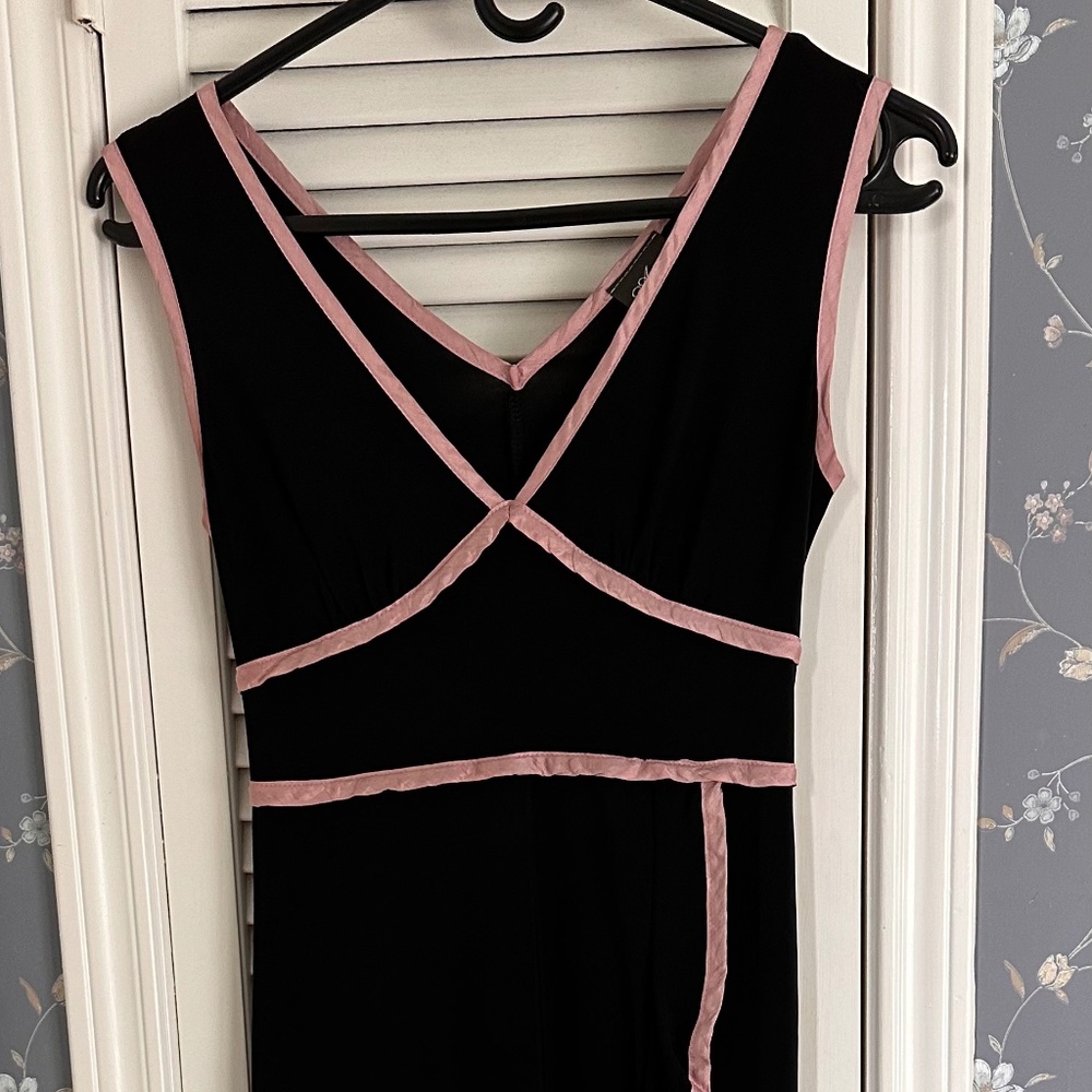 Early 2000s Anna Black Dress w/ Pink Piping Hi-Low Hem Tie Back, Jr Size Small